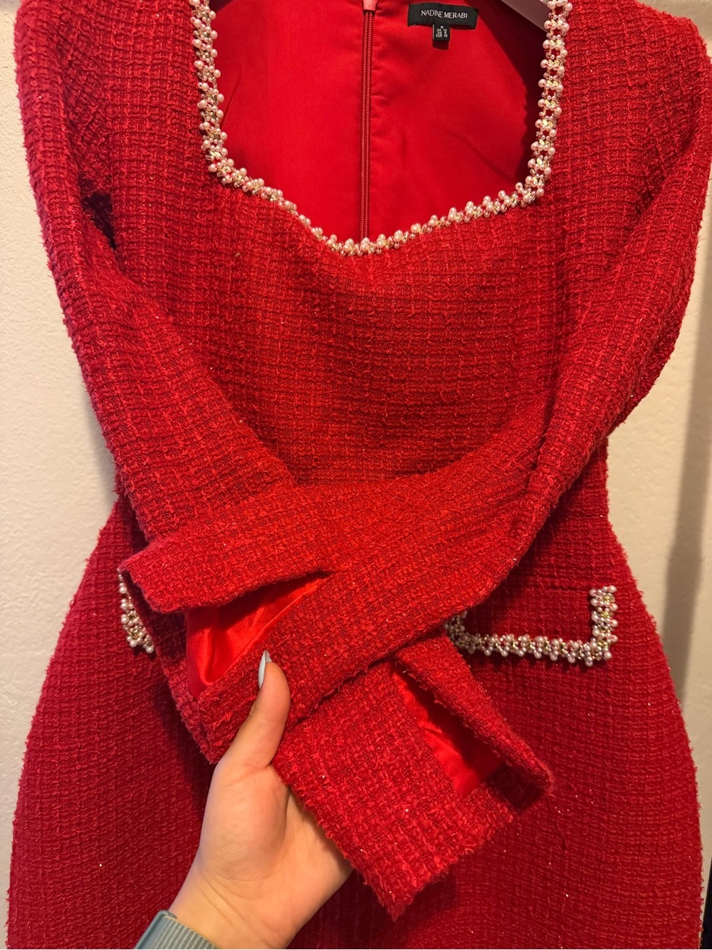 NADINE MERABI Red Tweed Pearl-Trim Long Sleeve Mini Dress - Picture 2 of 7
